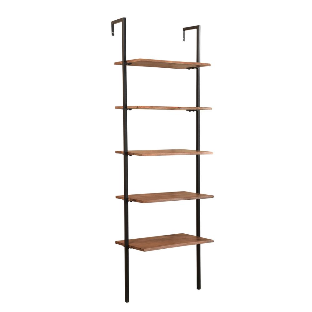 72" Brown Metal And Solid Wood Five Tier Ladder Bookcase. Picture 1