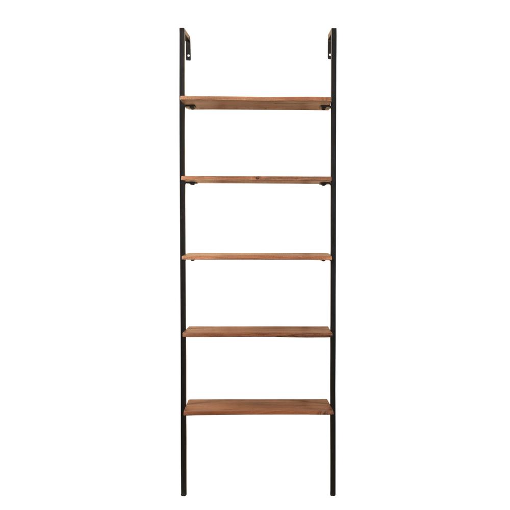 72" Brown Metal And Solid Wood Five Tier Ladder Bookcase. Picture 2