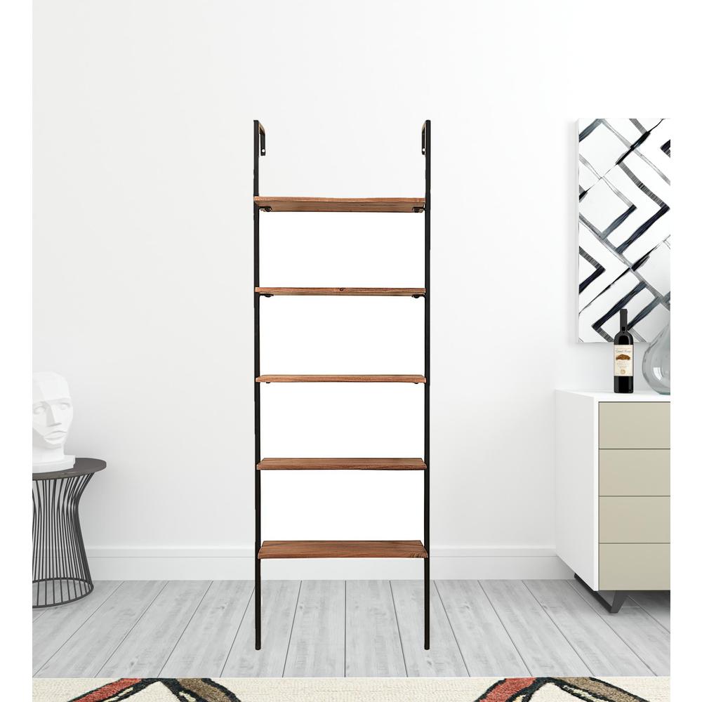 72" Brown Metal And Solid Wood Five Tier Ladder Bookcase. Picture 3