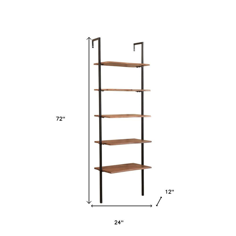 72" Brown Metal And Solid Wood Five Tier Ladder Bookcase. Picture 5