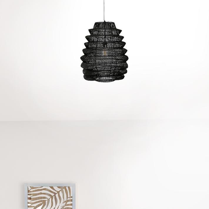 Single Rattan Dimmable Ceiling Light With Black Shades. Picture 3