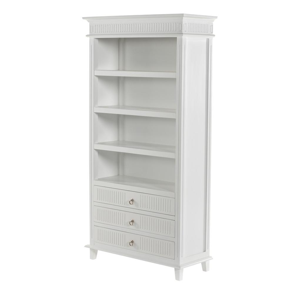 75" Antiqued White Solid Wood Four Tier Standard Bookcase With Three Drawers. Picture 3