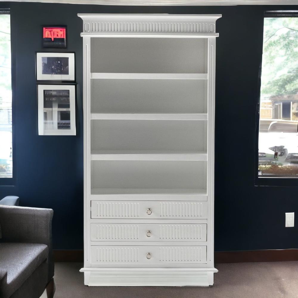 75" Antiqued White Solid Wood Four Tier Standard Bookcase With Three Drawers. Picture 4