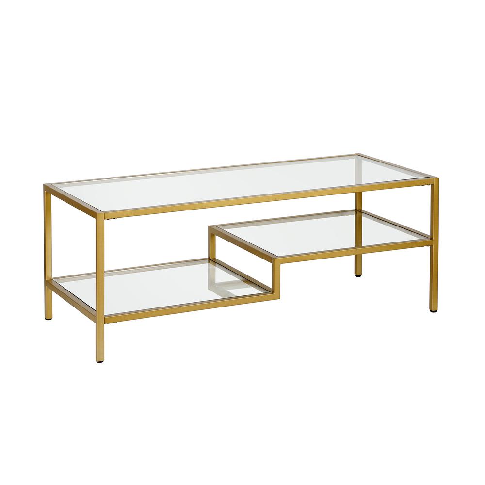 45" Gold Glass And Steel Coffee Table With Two Shelves. Picture 1