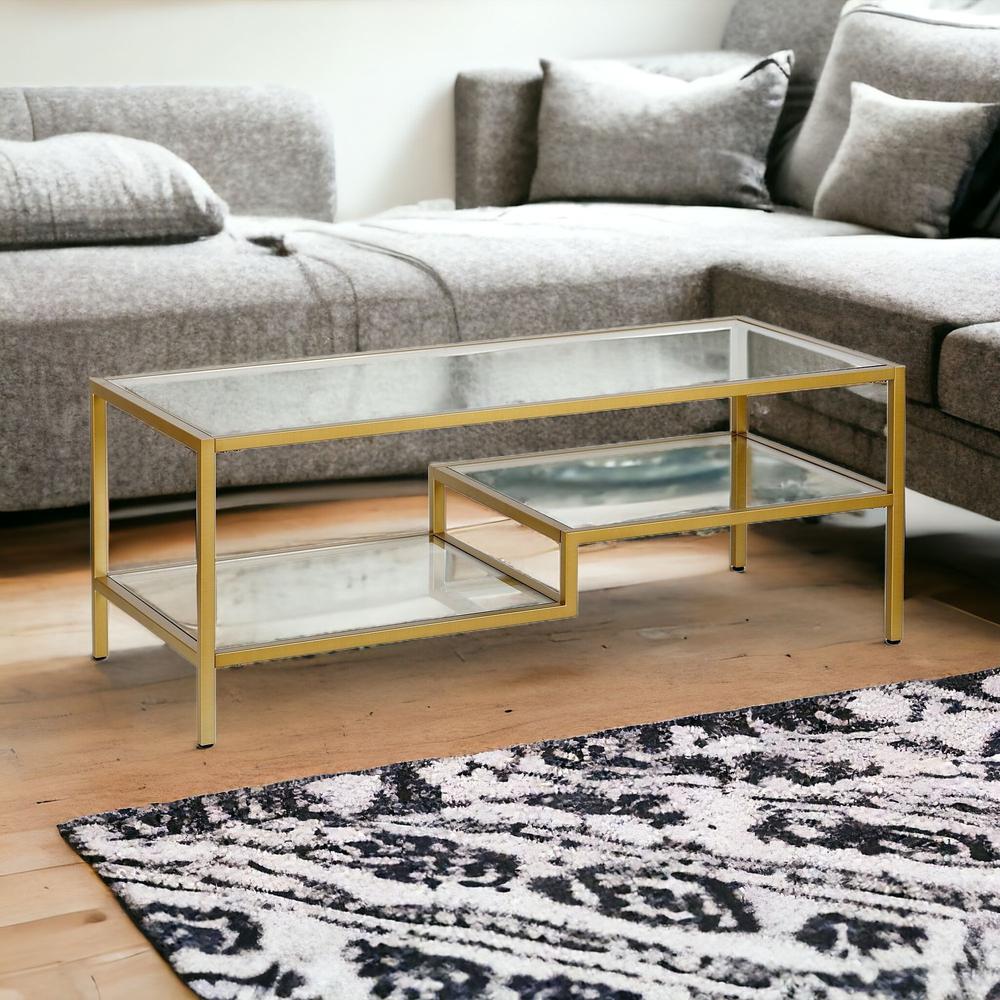 45" Gold Glass And Steel Coffee Table With Two Shelves. Picture 2