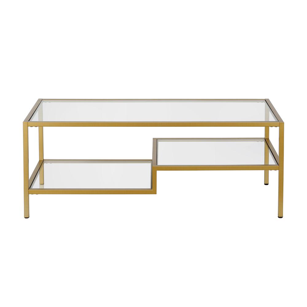 45" Gold Glass And Steel Coffee Table With Two Shelves. Picture 3