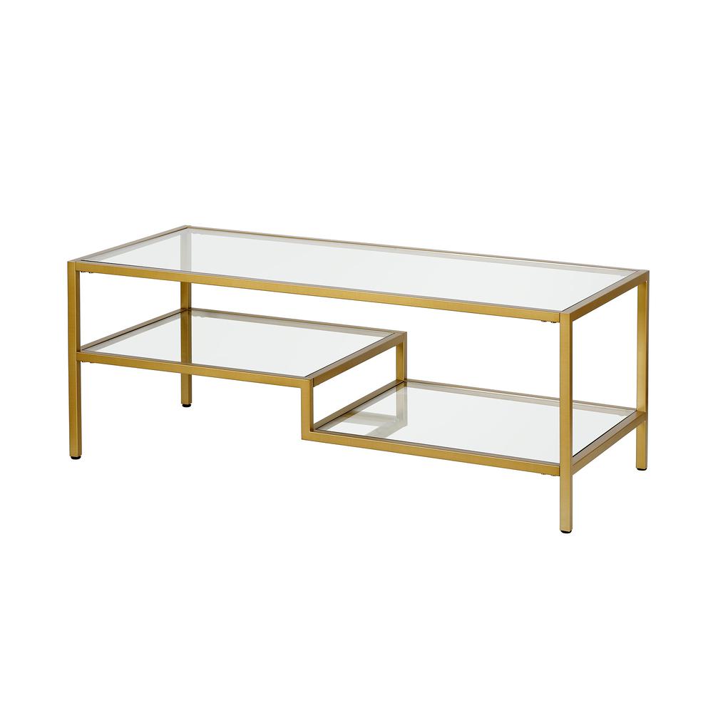 45" Gold Glass And Steel Coffee Table With Two Shelves. Picture 4