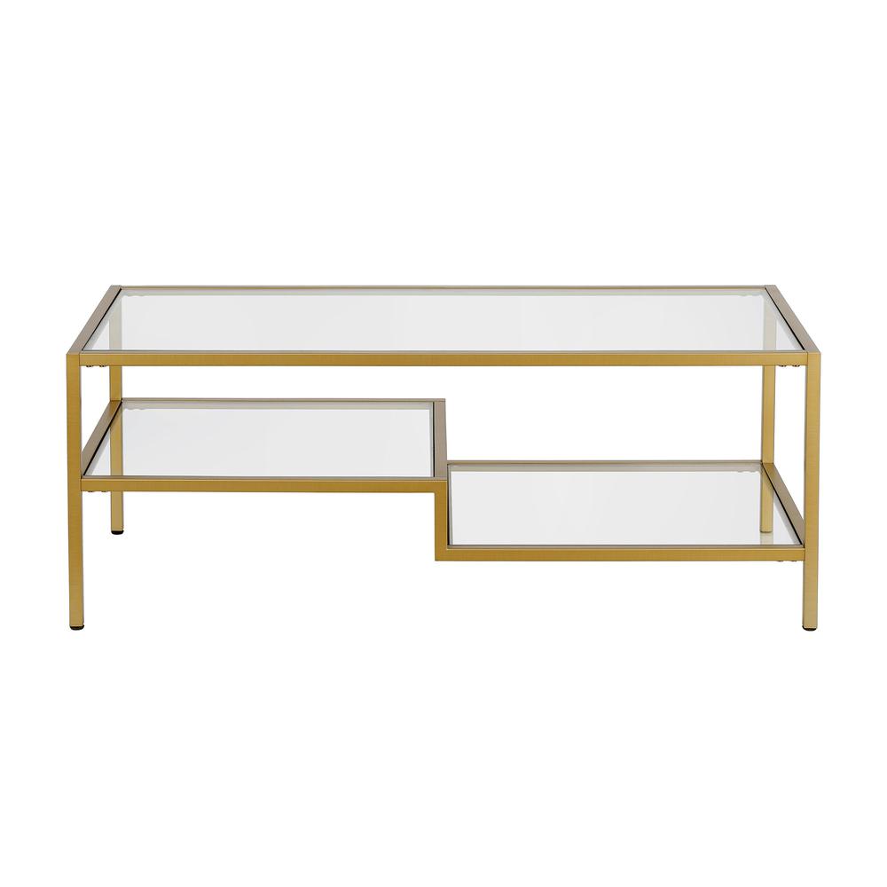 45" Gold Glass And Steel Coffee Table With Two Shelves. Picture 5
