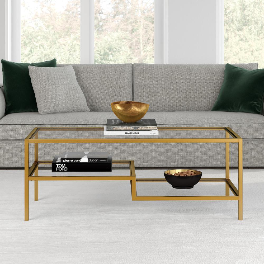 45" Gold Glass And Steel Coffee Table With Two Shelves. Picture 8