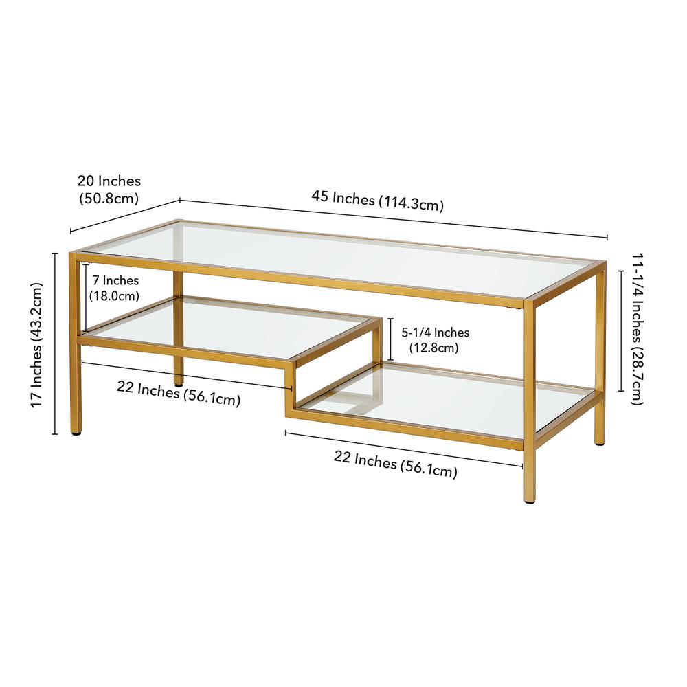 45" Gold Glass And Steel Coffee Table With Two Shelves. Picture 9