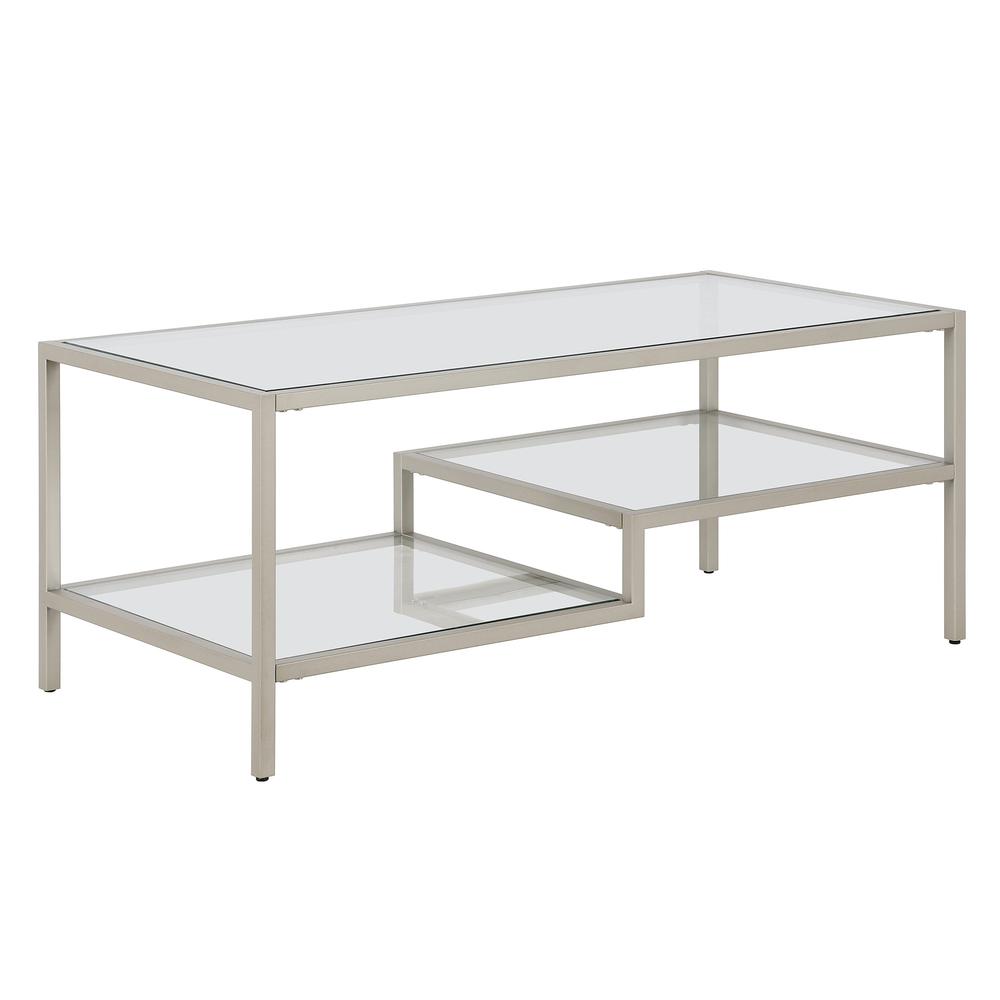 45" Silver Glass And Steel Coffee Table With Two Shelves. Picture 1