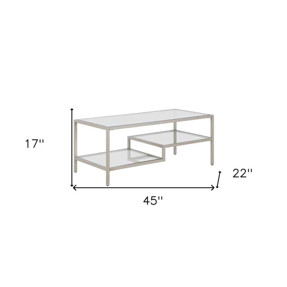 45" Silver Glass And Steel Coffee Table With Two Shelves. Picture 9