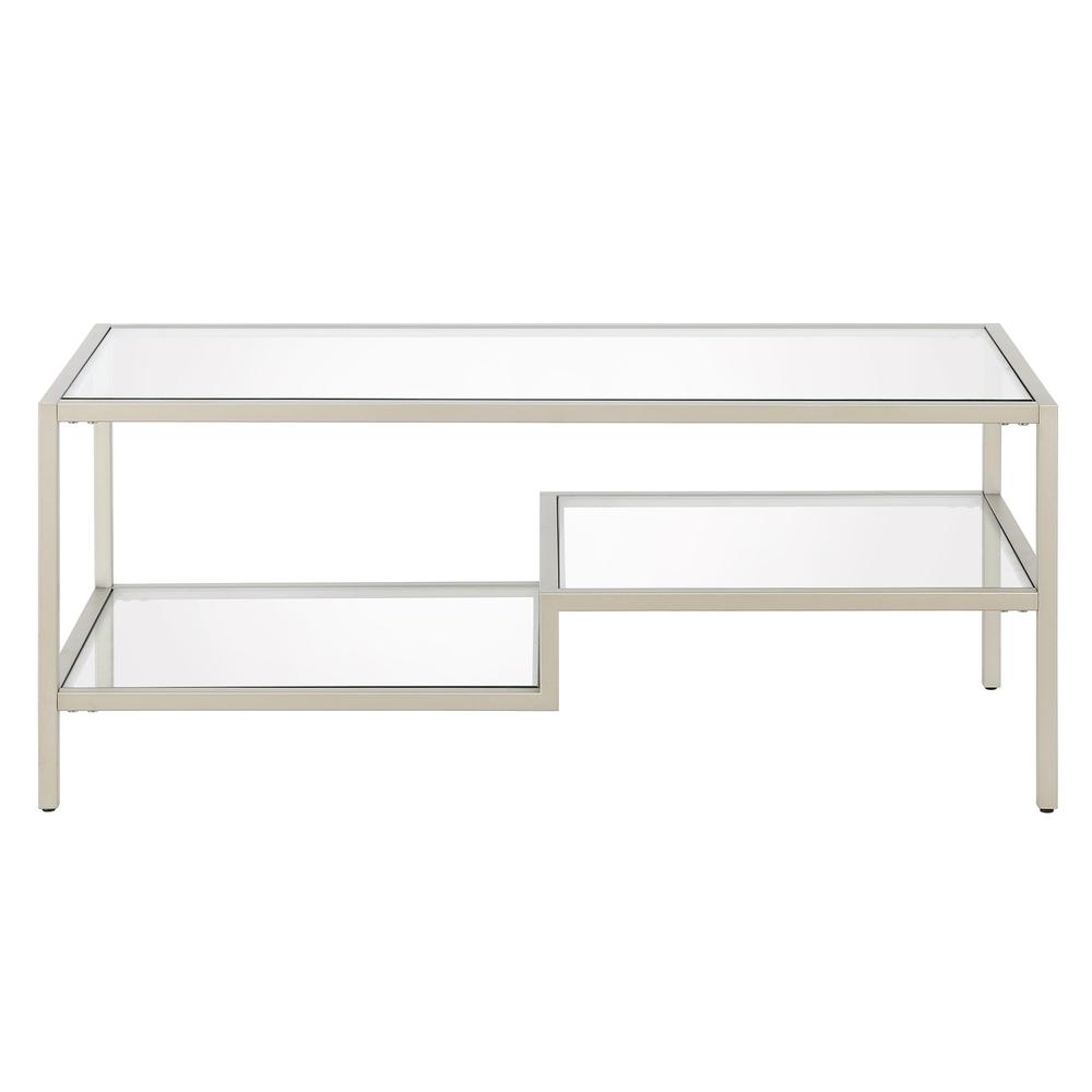 45" Silver Glass And Steel Coffee Table With Two Shelves. Picture 3