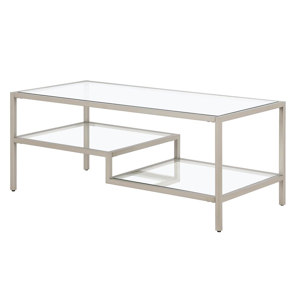 45" Silver Glass And Steel Coffee Table With Two Shelves. Picture 4