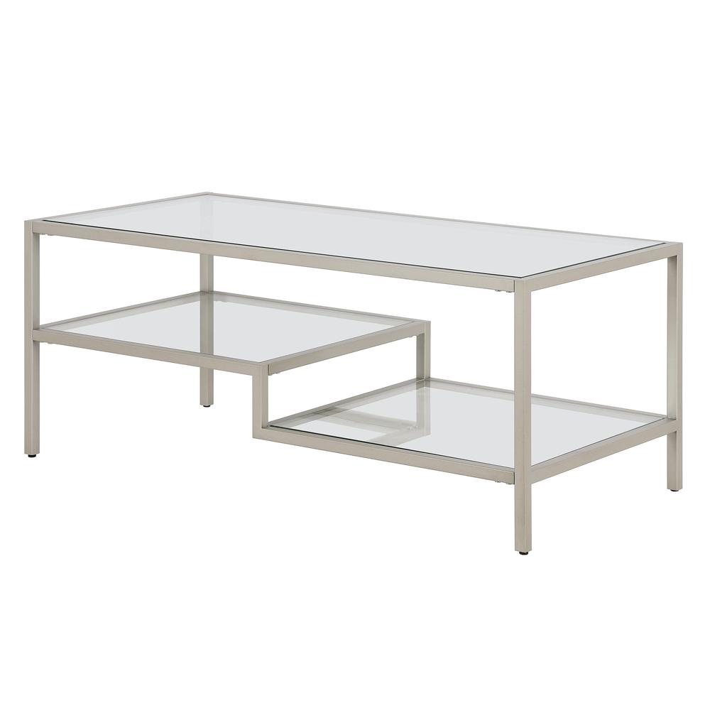 45" Silver Glass And Steel Coffee Table With Two Shelves. Picture 5