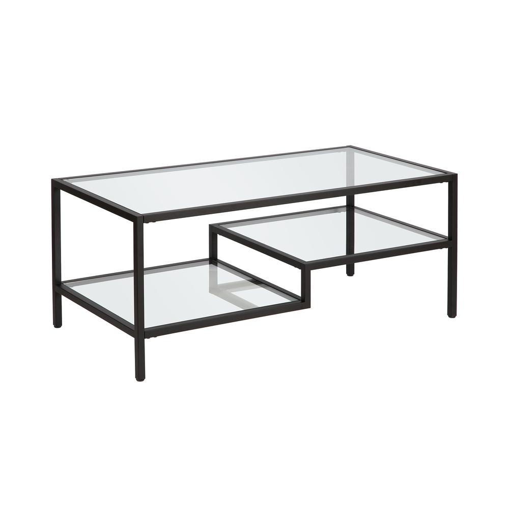 45" Black Glass And Steel Coffee Table With Two Shelves. Picture 1