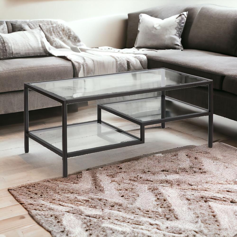 45" Black Glass And Steel Coffee Table With Two Shelves. Picture 2