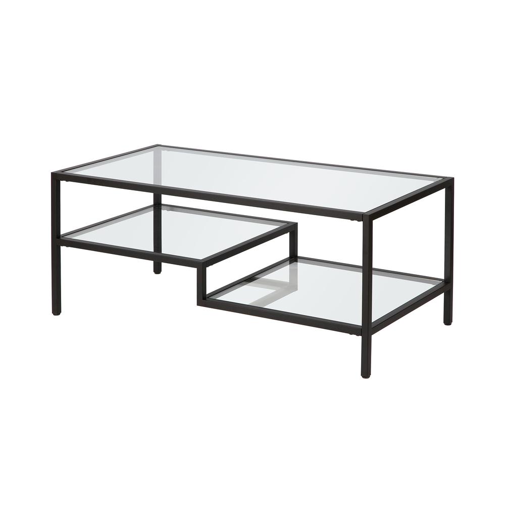 45" Black Glass And Steel Coffee Table With Two Shelves. Picture 4