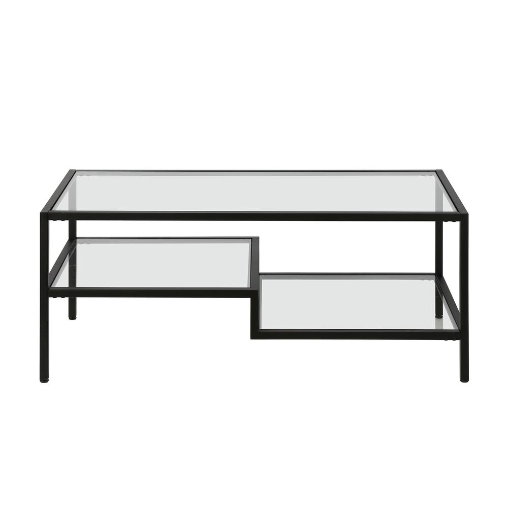 45" Black Glass And Steel Coffee Table With Two Shelves. Picture 5