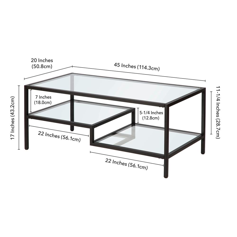 45" Black Glass And Steel Coffee Table With Two Shelves. Picture 9