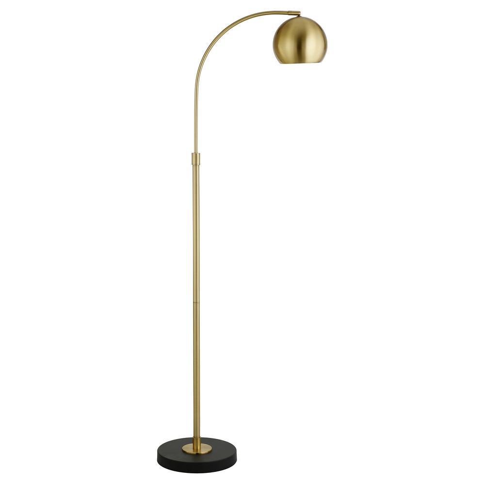 67" Black Arched Floor Lamp With Brass Bowl Shade. Picture 1