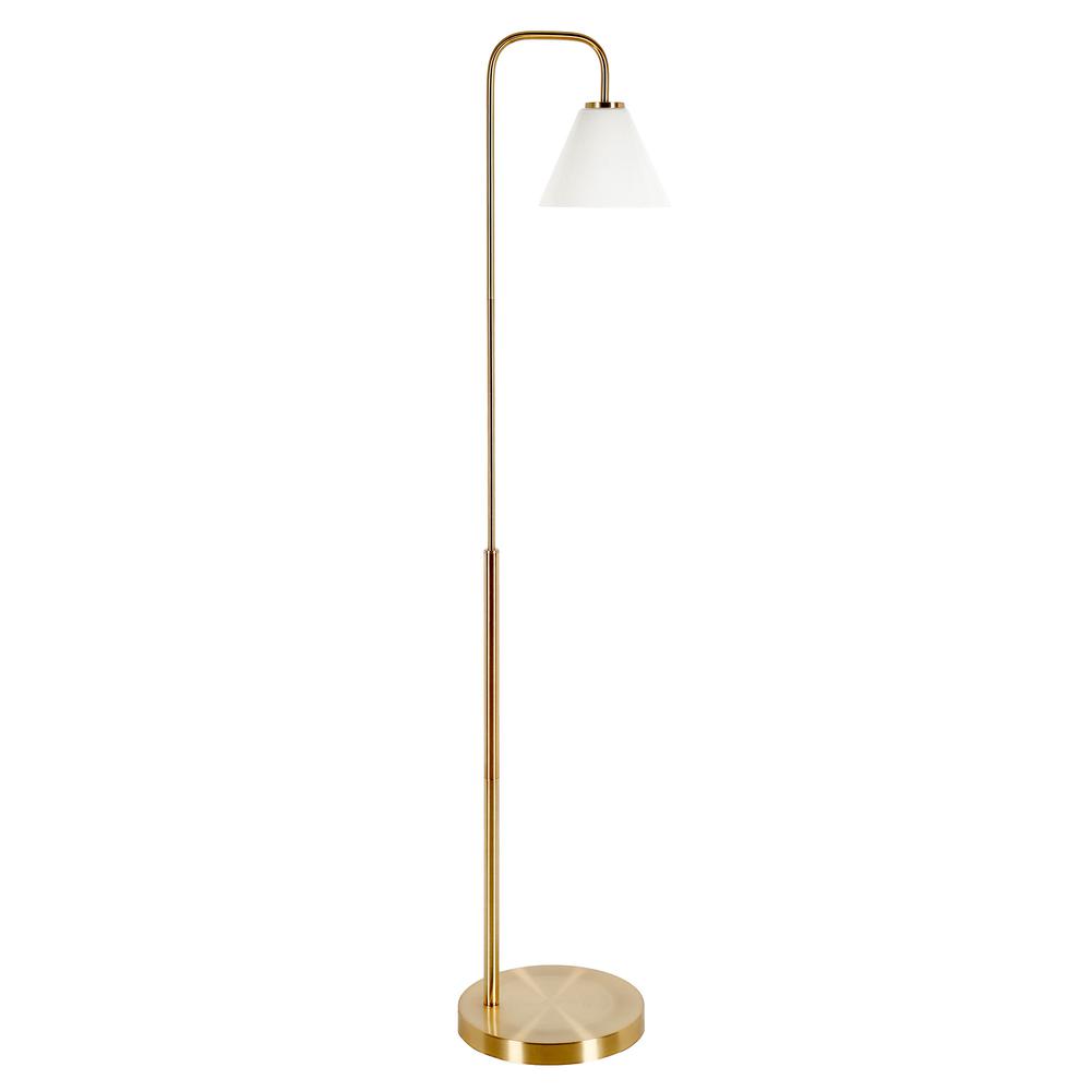 62" Brass Arched Floor Lamp With White Frosted Glass Cone Shade. Picture 1