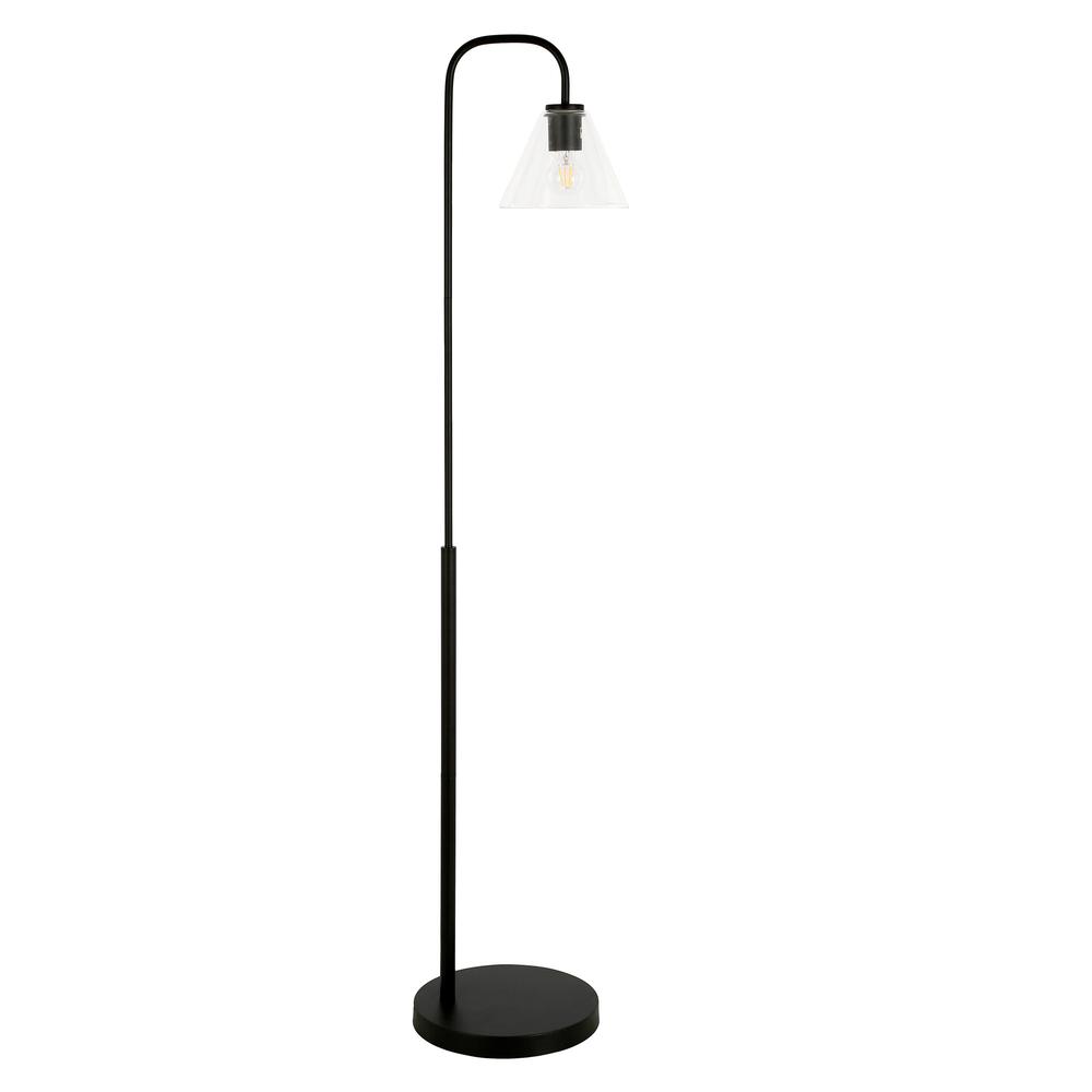 62" Black Arched Floor Lamp With Clear Transparent Glass Cone Shade. Picture 1