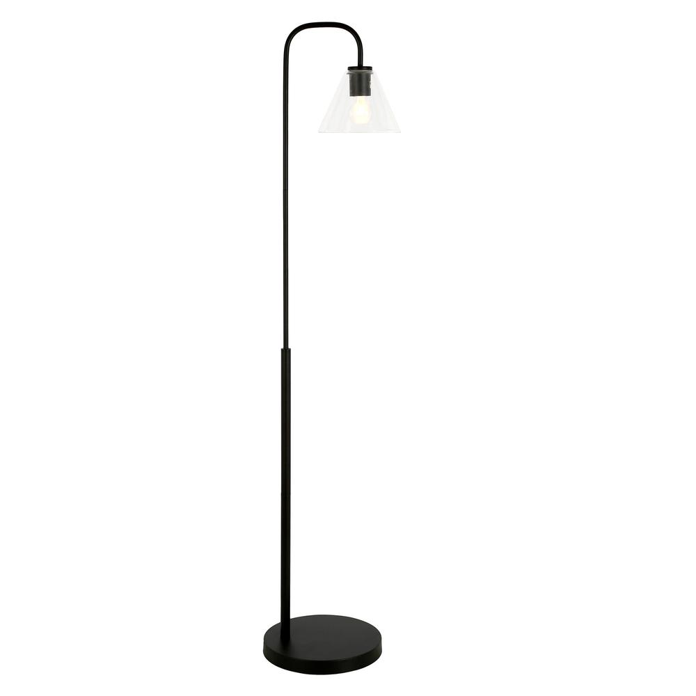 62" Black Arched Floor Lamp With Clear Transparent Glass Cone Shade. Picture 2