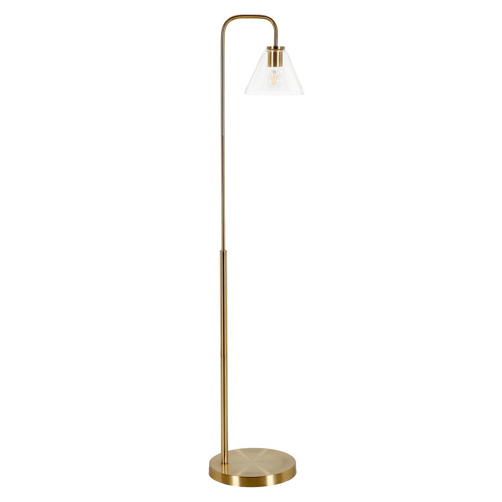62" Brass Arched Floor Lamp With Clear Transparent Glass Cone Shade. Picture 1