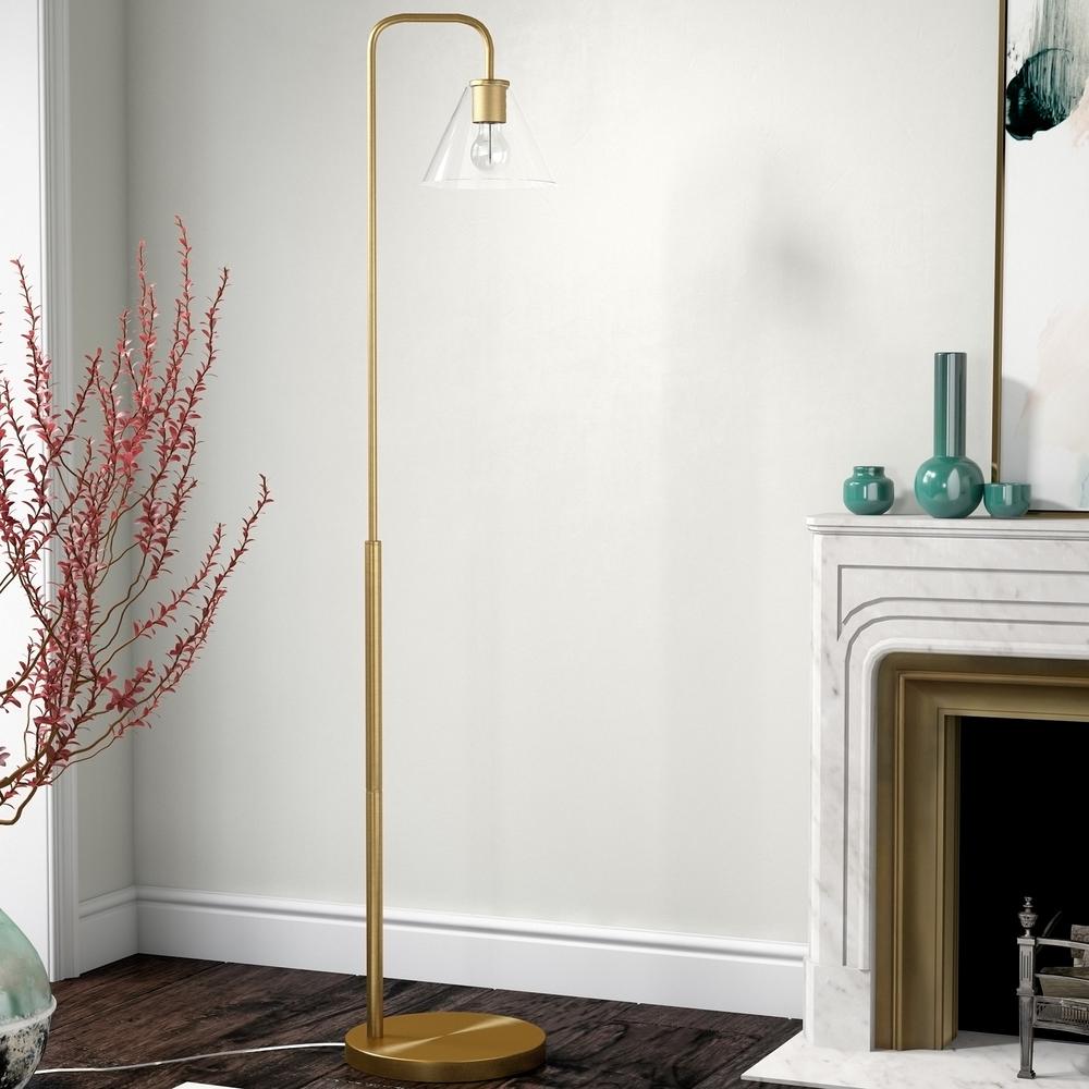 62" Brass Arched Floor Lamp With Clear Transparent Glass Cone Shade. Picture 5