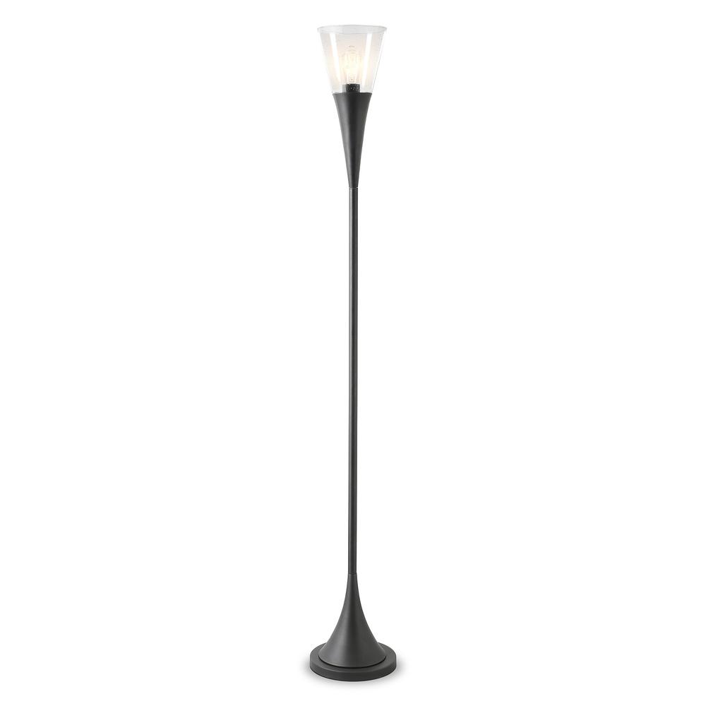 71" Black Torchiere Floor Lamp With Clear Seeded Glass Cone Shade. Picture 2