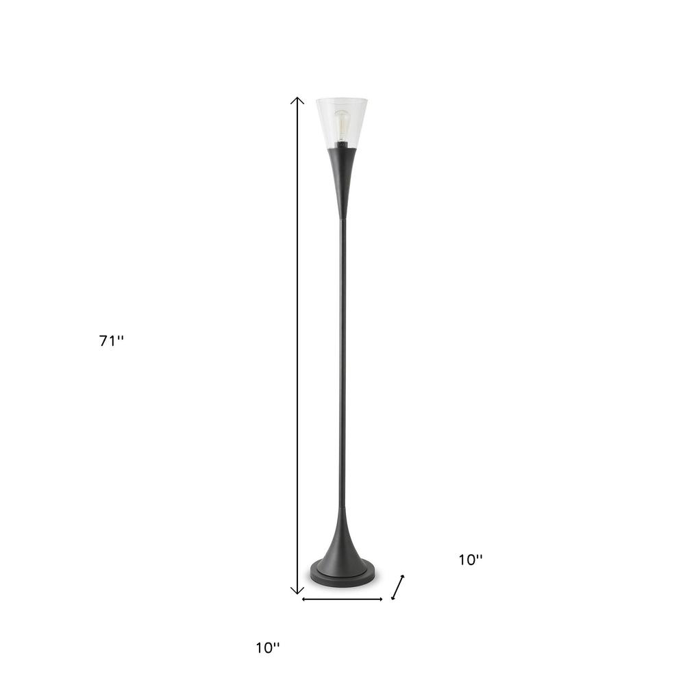 71" Black Torchiere Floor Lamp With Clear Seeded Glass Cone Shade. Picture 7