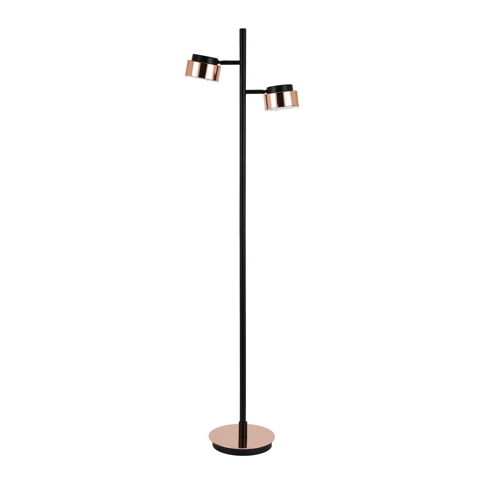 68" Black Two Light Tree Floor Lamp With Copper Bell Shade. Picture 1