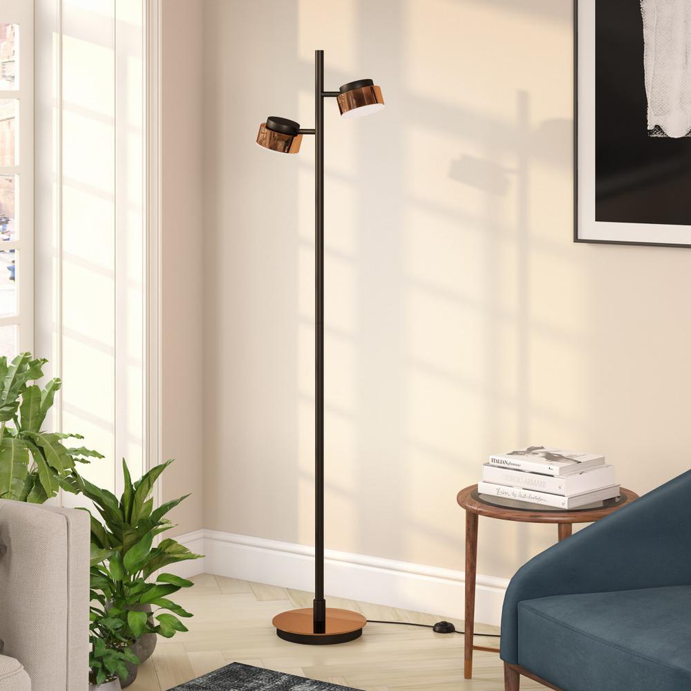 68" Black Two Light Tree Floor Lamp With Copper Bell Shade. Picture 6