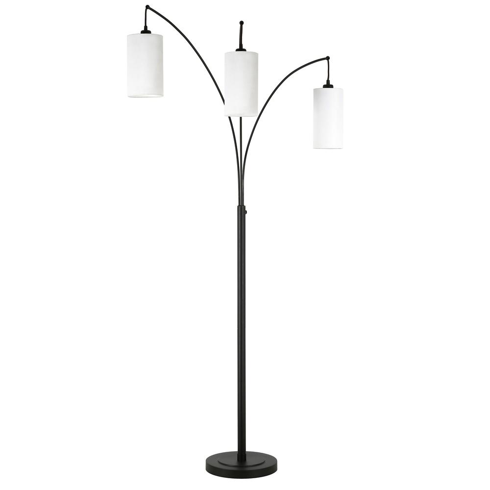 83" Black Three Light Torchiere Floor Lamp With White Frosted Glass Drum Shade. Picture 1