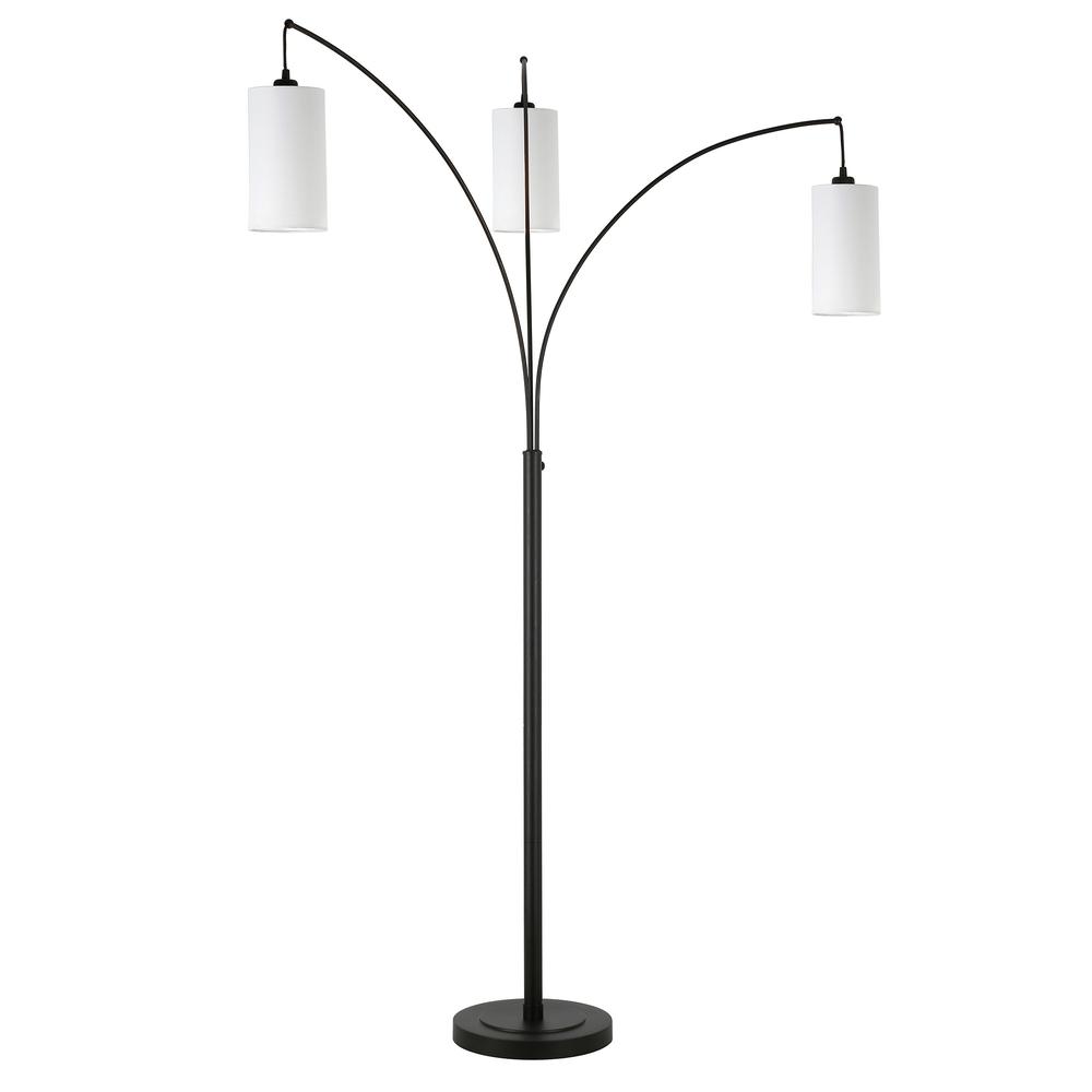 83" Black Three Light Torchiere Floor Lamp With White Frosted Glass Drum Shade. Picture 2