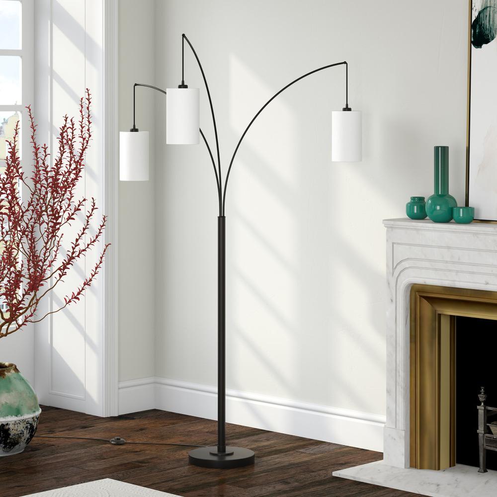 83" Black Three Light Torchiere Floor Lamp With White Frosted Glass Drum Shade. Picture 6