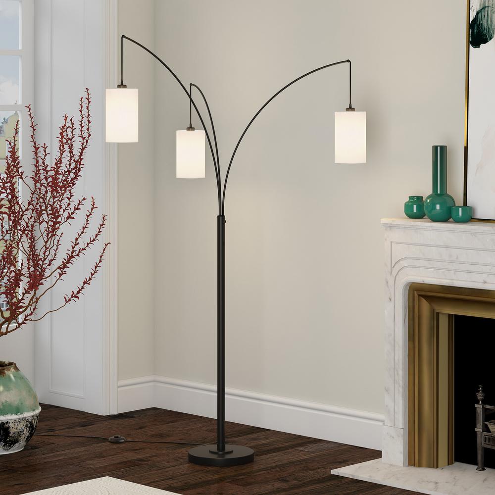 83" Black Three Light Torchiere Floor Lamp With White Frosted Glass Drum Shade. Picture 7