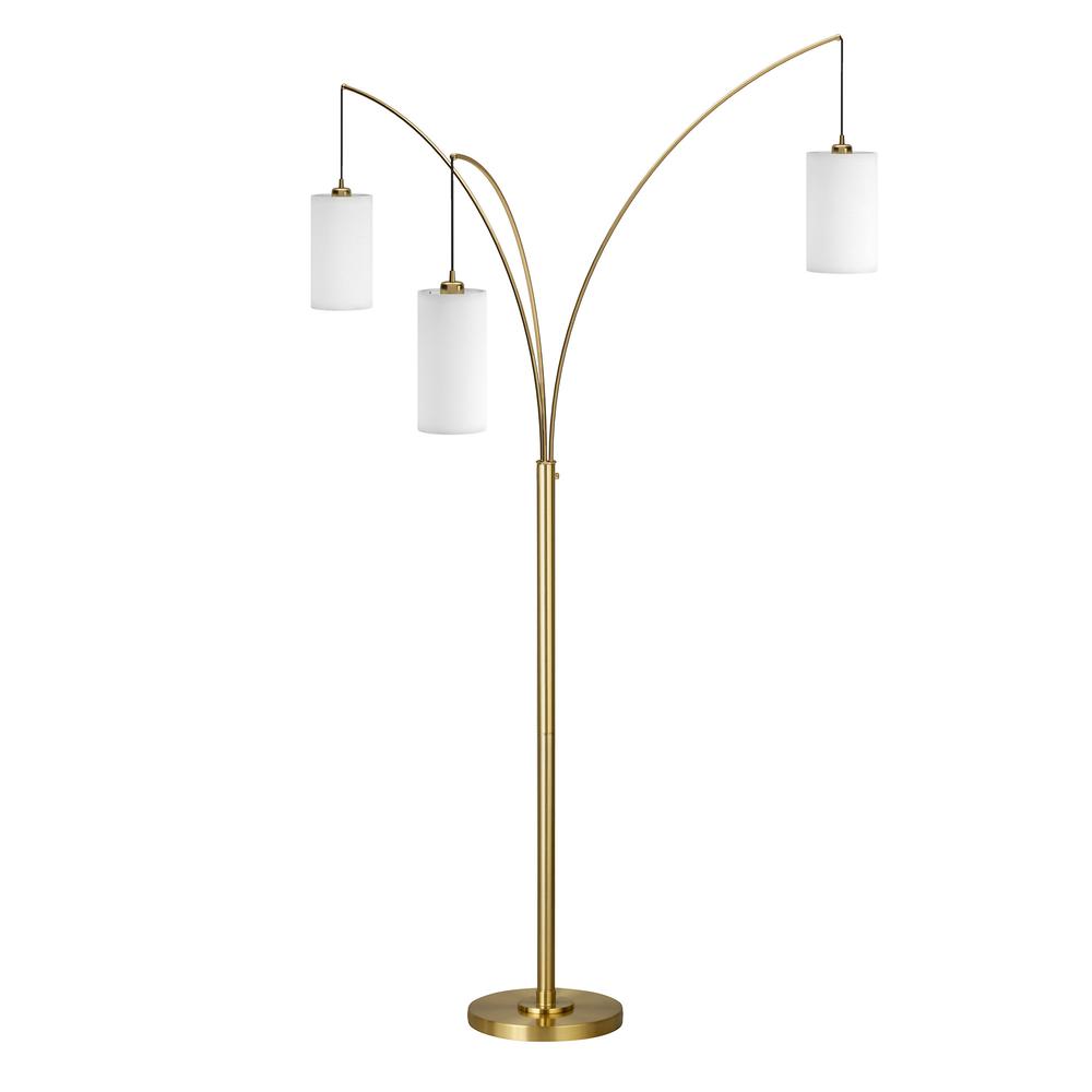 83" Brass Three Light Tree Floor Lamp With White Frosted Glass Drum Shade. Picture 1