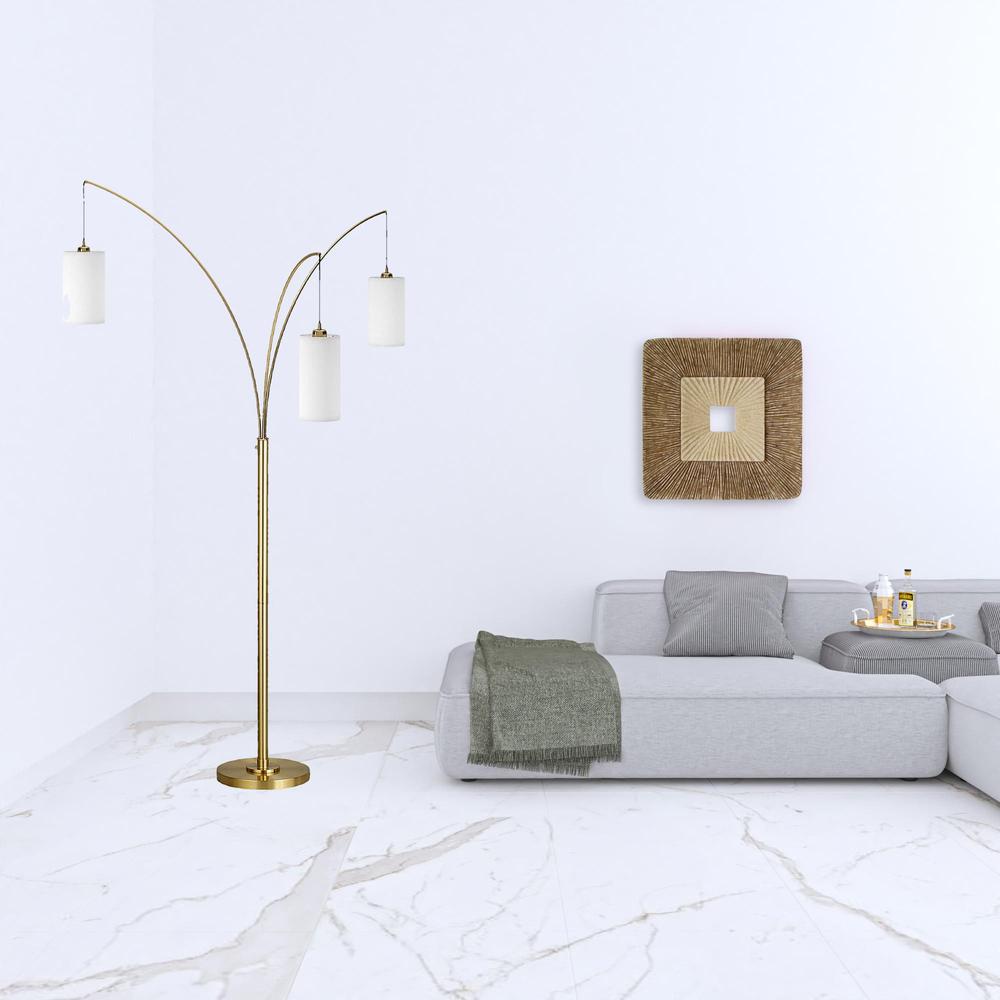 83" Brass Three Light Tree Floor Lamp With White Frosted Glass Drum Shade. Picture 3