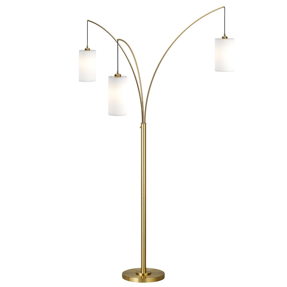 83" Brass Three Light Tree Floor Lamp With White Frosted Glass Drum Shade. Picture 2