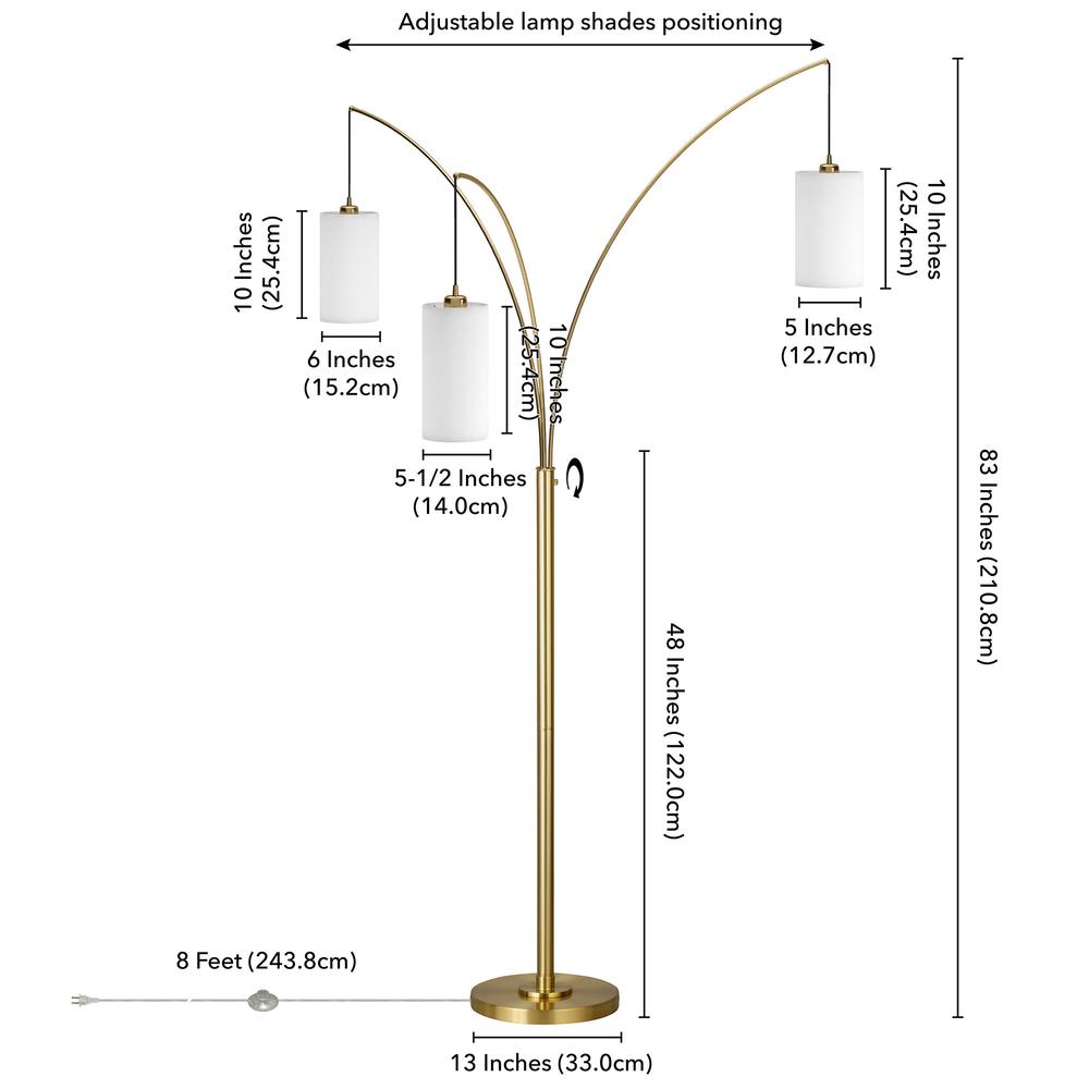83" Brass Three Light Tree Floor Lamp With White Frosted Glass Drum Shade. Picture 7