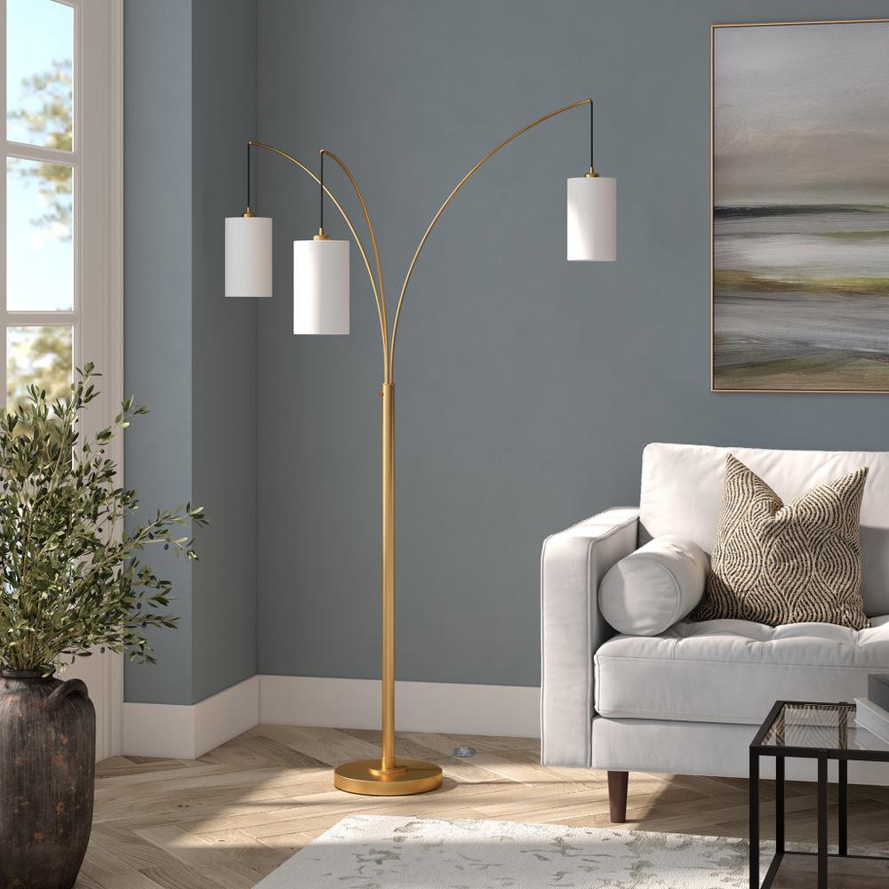 83" Brass Three Light Tree Floor Lamp With White Frosted Glass Drum Shade. Picture 5