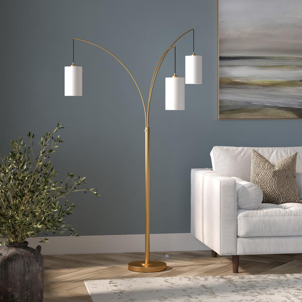 83" Brass Three Light Tree Floor Lamp With White Frosted Glass Drum Shade. Picture 6
