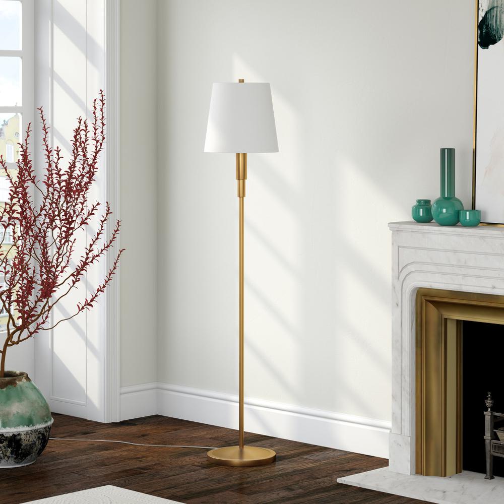 60" Brass Traditional Shaped Floor Lamp With White Frosted Glass Drum Shade. Picture 5