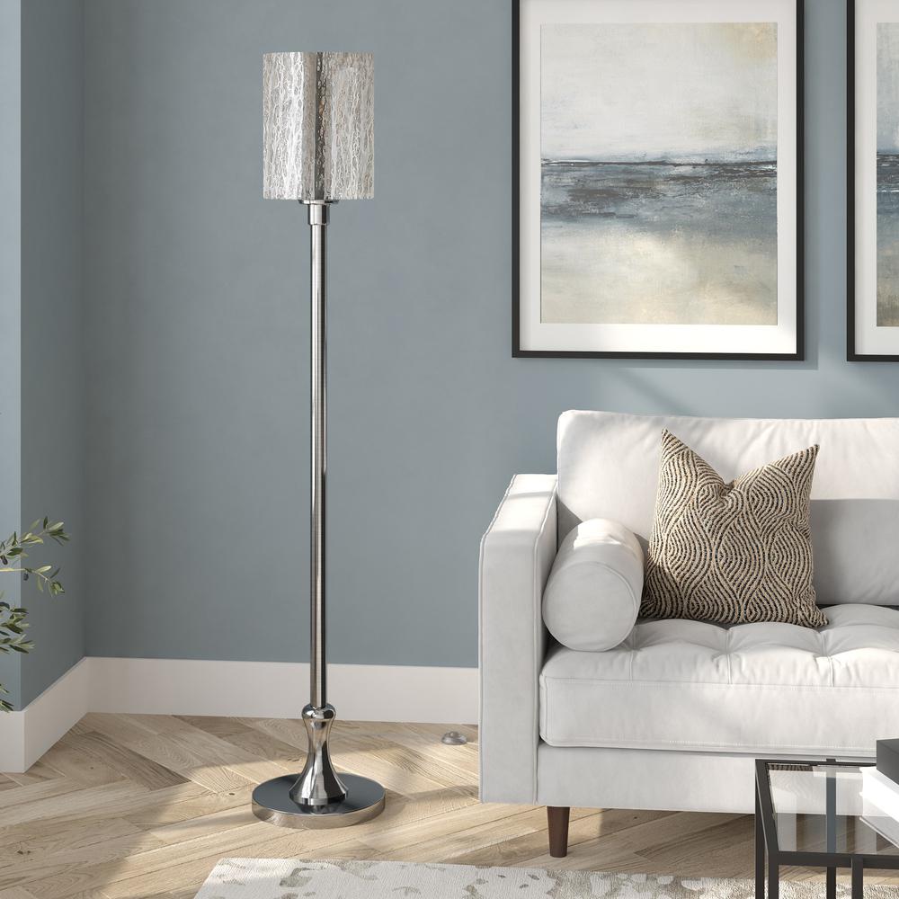 68" Nickel Torchiere Floor Lamp With Silver Transparent Glass Drum Shade. Picture 4