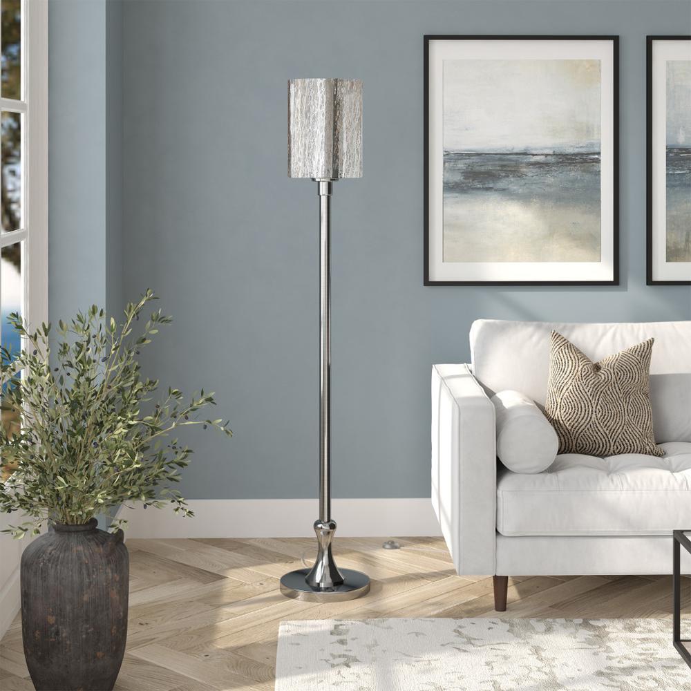 68" Nickel Torchiere Floor Lamp With Silver Transparent Glass Drum Shade. Picture 5