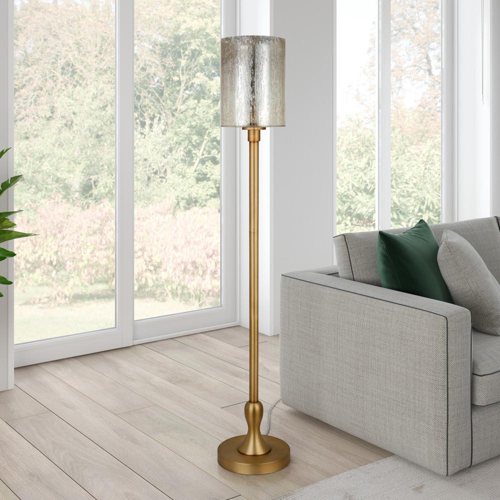 68" Brass Torchiere Floor Lamp With Clear Transparent Glass Drum Shade. Picture 6