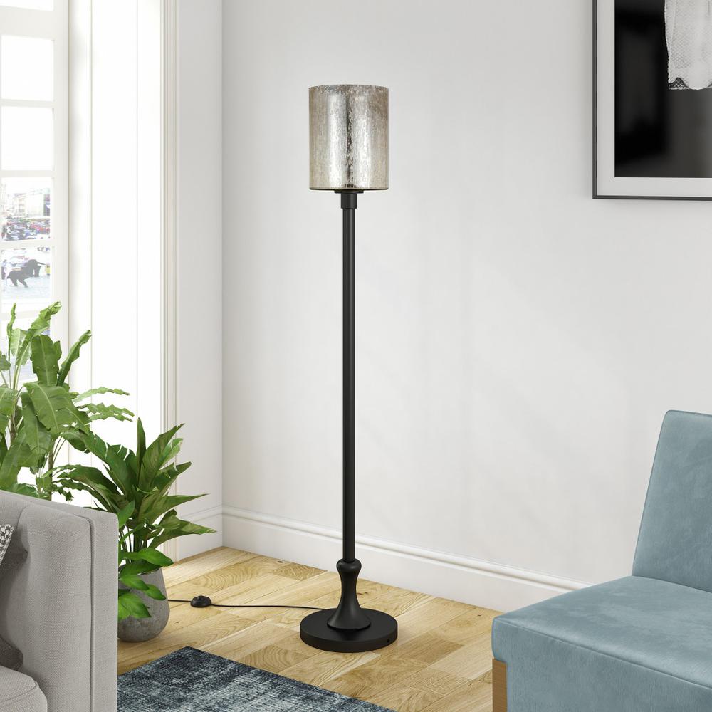 68" Black Torchiere Floor Lamp With Clear Transparent Glass Drum Shade. Picture 6