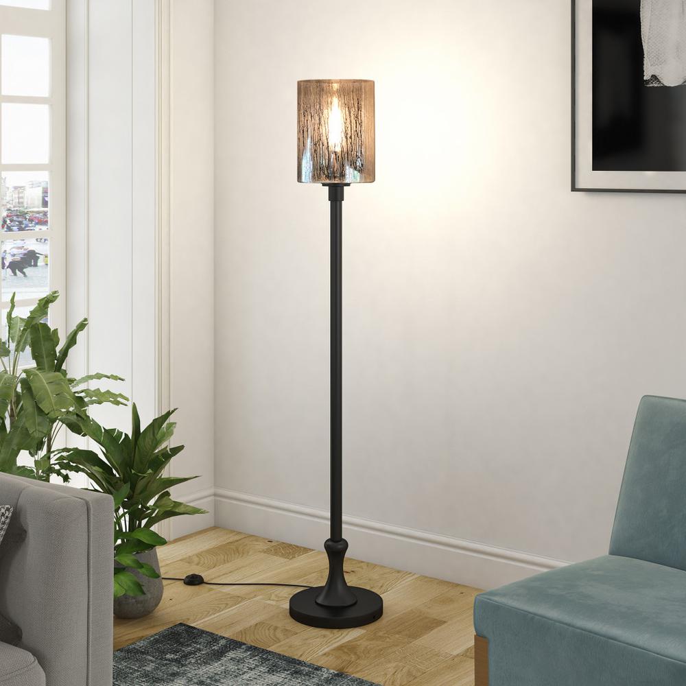 68" Black Torchiere Floor Lamp With Clear Transparent Glass Drum Shade. Picture 7